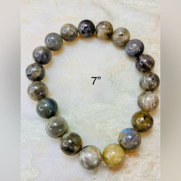 Handmade Gray Labradorite Gemstone Bead Unisex Stretch Bracelet 10mm - Picture 4 of 7